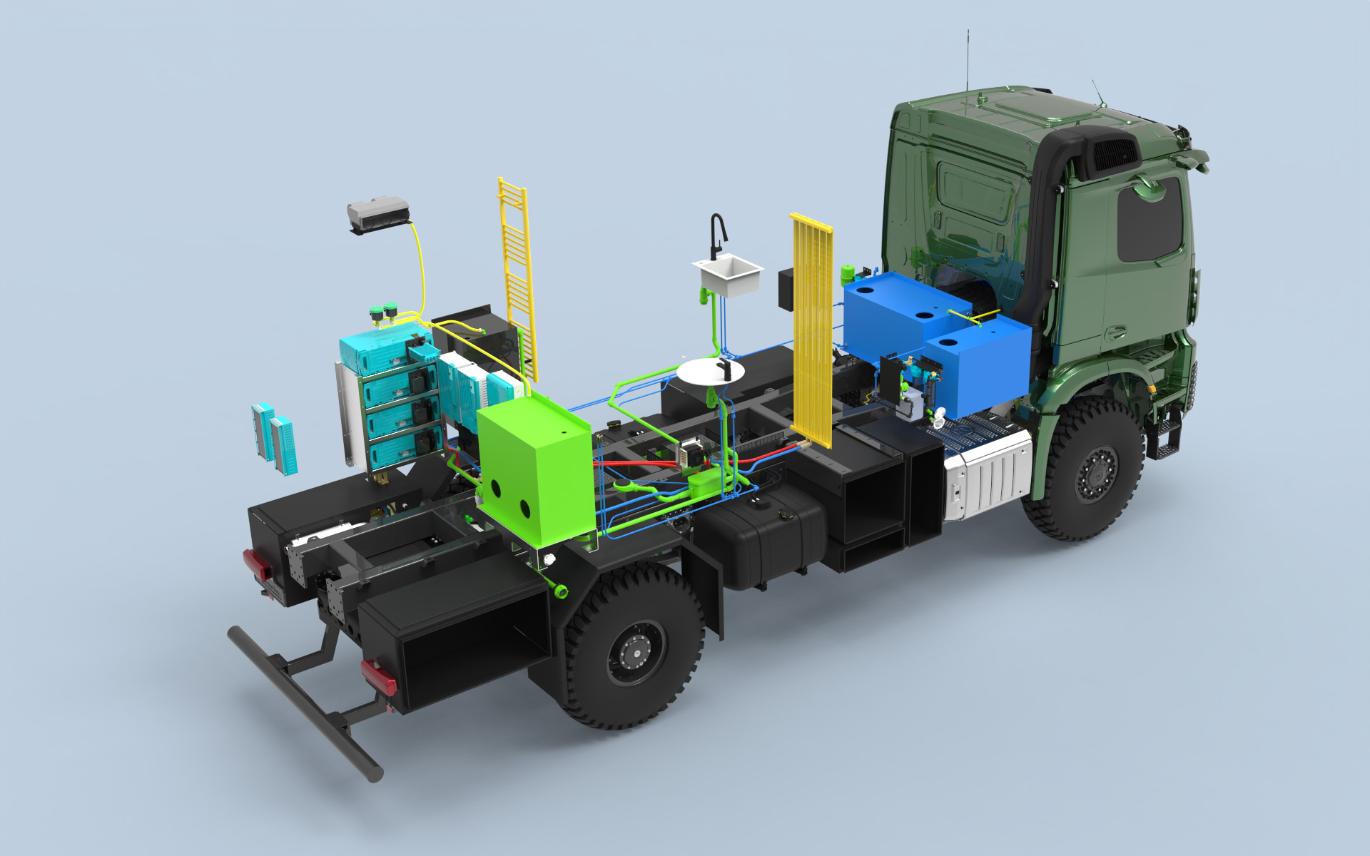 Modèle 3D d&#39;une cabine de camion verte avec équipement interne visible et composants et câblage mis en évidence en couleur en bleu, vert et jaune sur fond gris.