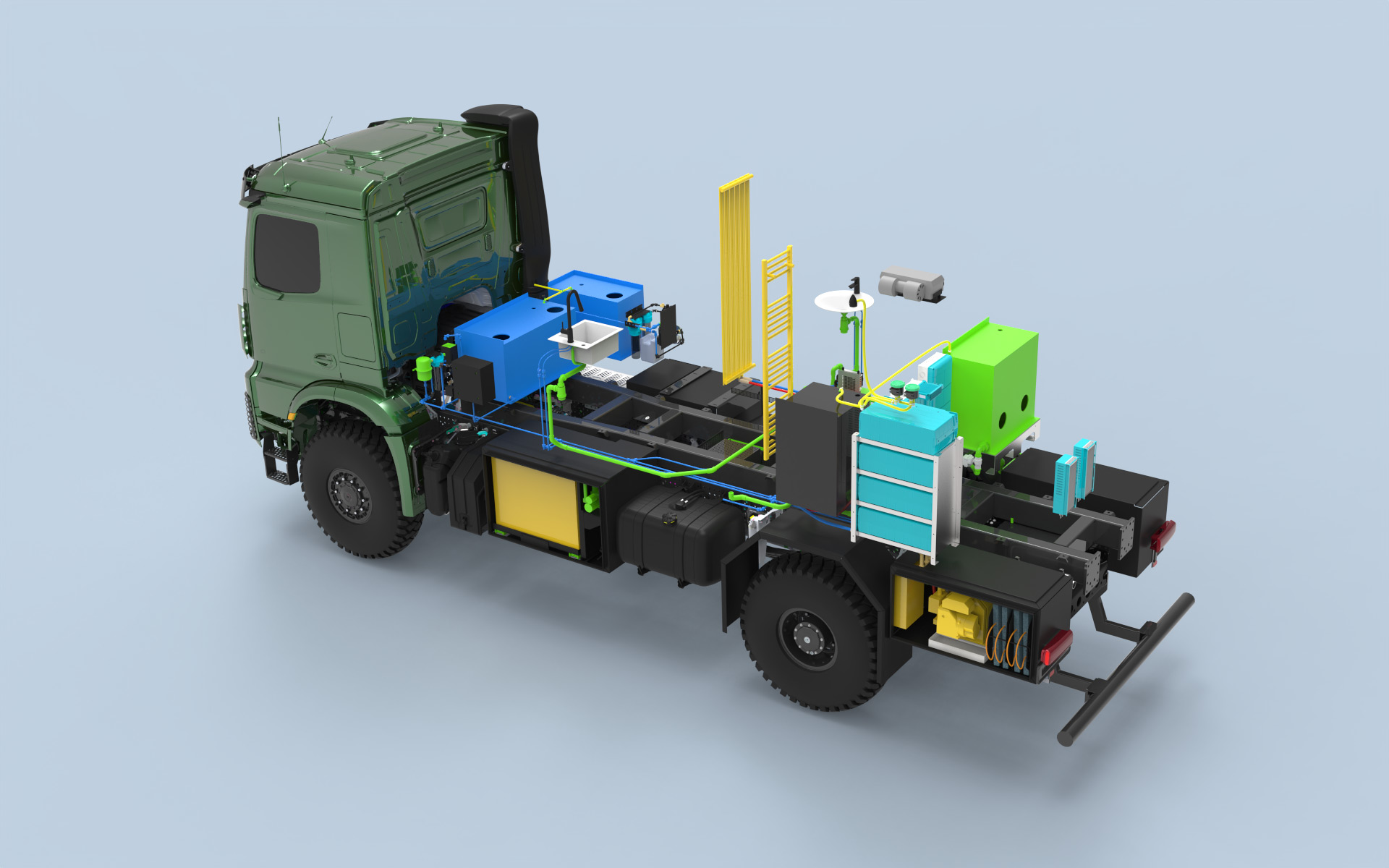 Modèle 3D d&#39;un camion à châssis ouvert vert montrant divers composants et câblages colorés, notamment des éléments bleus, verts et jaunes, ainsi qu&#39;une échelle jaune et un équipement technique sur un fond bleu clair.