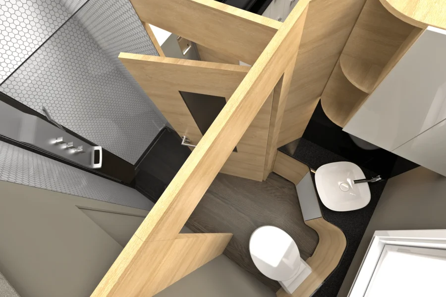 Kleines modernes Badezimmer mit Holzpaneelen, weißem Toilettensitz, quadratischem weißen Waschbecken auf schwarzer Arbeitsfläche, beiger Wand und Duschbereich mit Sechseckfliesen und Glastür