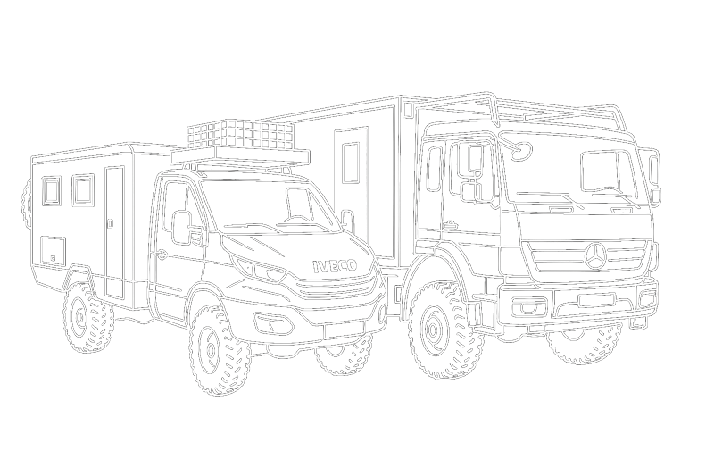 Strichzeichnung zweier robuster Expeditionsfahrzeuge mit groben Reifen, links ein Iveco mit einem Wohnaufbau und Dachgepäckträger, rechts ein Mercedes-Lkw mit einem großen Kastenaufbau auf schwarzem Hintergrund