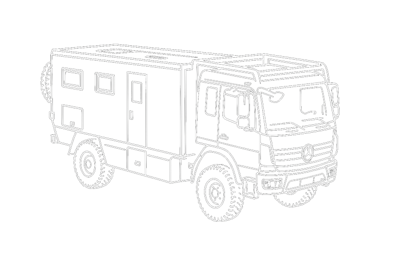 Schwarz-weiß gezeichnetes Umrissbild eines Mercedes-Lkw mit Wohnmobilaufbau auf schwarzem Hintergrund